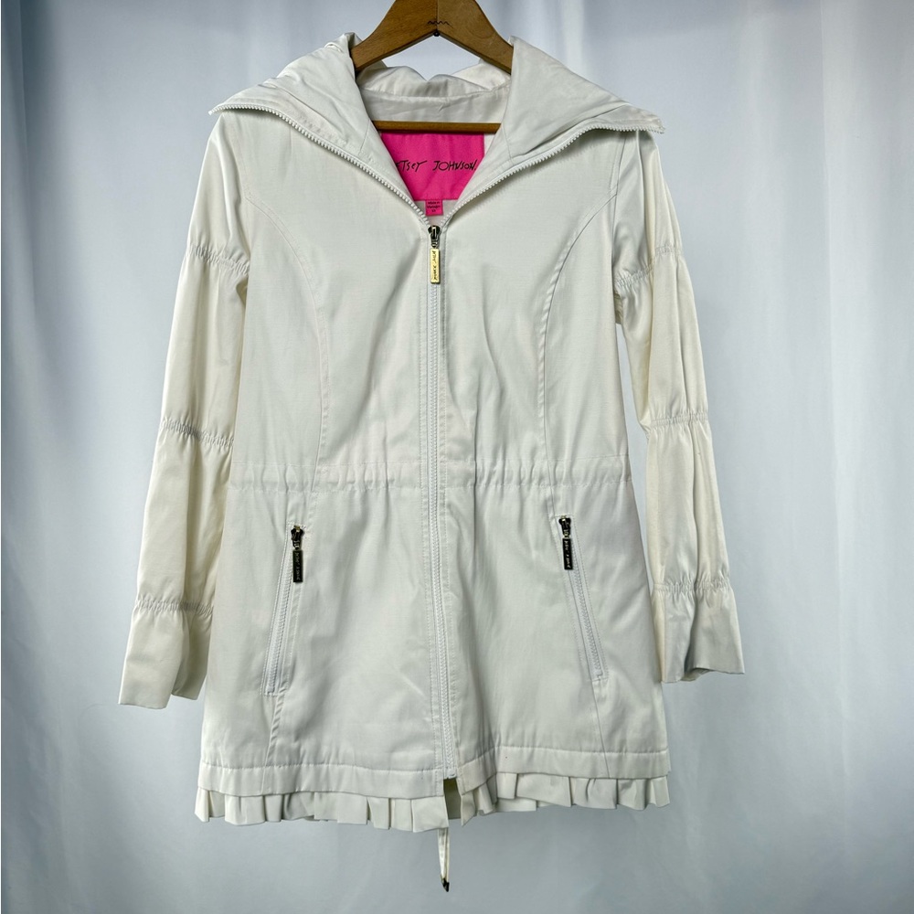 Betsey Johnson Cinchable‎ Waist Zip Up Hooded Jacket in Cream Size Extra Small